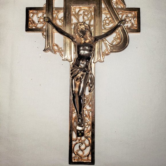 Vintage INRI IHS Gold Toned Filigree Crucifix Wall Mount Christian Decor - Picture 2 of 4